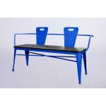 Urban loveseat in green metal with two bucket backrests and slatted bench seat, modern lounge seating rental for events and parties.