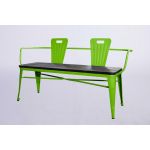 Urban loveseat in green metal with two bucket backrests and slatted bench seat, modern lounge seating rental for events and parties.