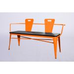 Urban loveseat in green metal with two bucket backrests and slatted bench seat, modern lounge seating rental for events and parties.