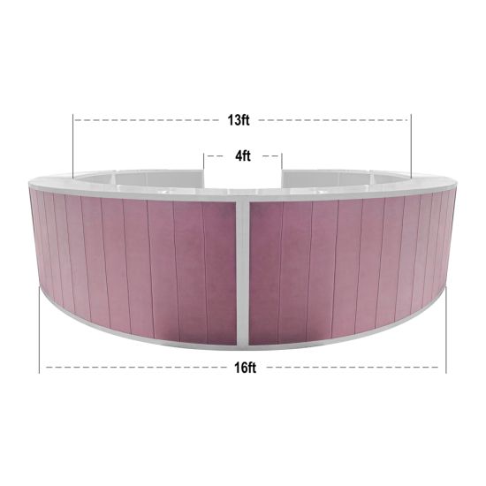 Curved black high-gloss acrylic event bar rental unit with dusty-blue accent top trim, creating modern lounge bar appeal.