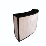 Curved black high-gloss acrylic event bar rental unit with dusty-blue accent top trim, creating modern lounge bar appeal.