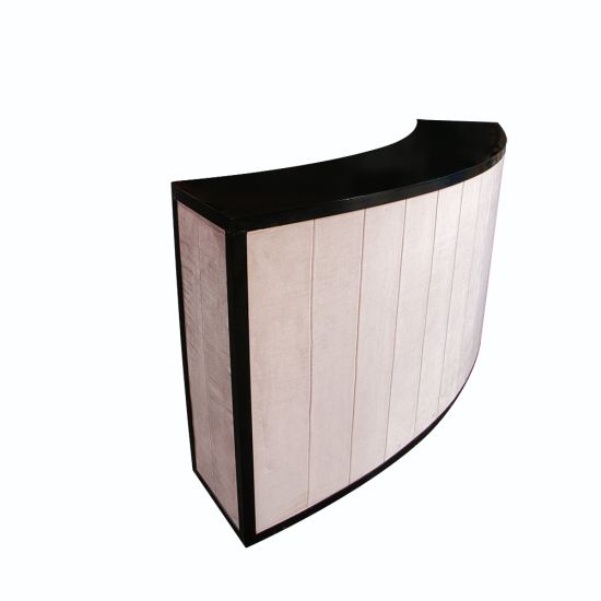 Curved black high-gloss acrylic event bar rental unit with dusty-blue accent top trim, creating modern lounge bar appeal.
