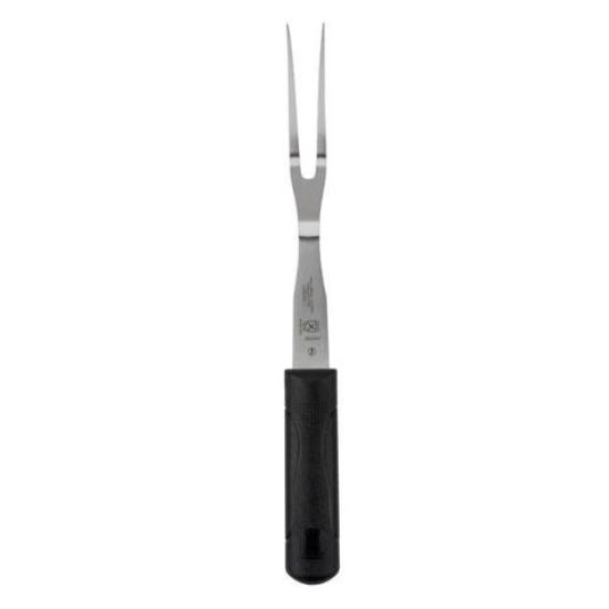 Carving fork with black handle and two long prongs, designed for slicing and serving meats at carving stations and buffets