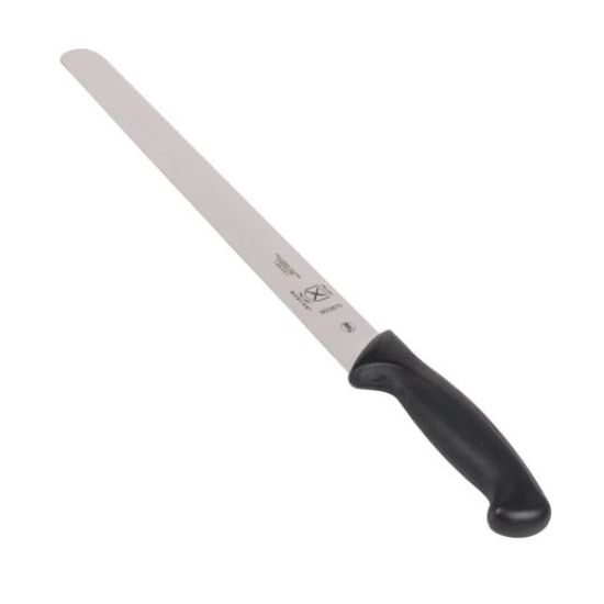 Long carving knife with stainless steel blade and black handle, designed for slicing roast meats at carving stations and buffets