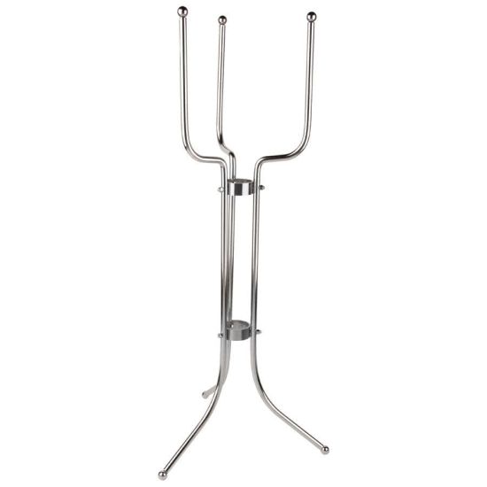 Metal ice bucket stand with three-prong top and tripod base, designed to hold beverage buckets for bar service at events