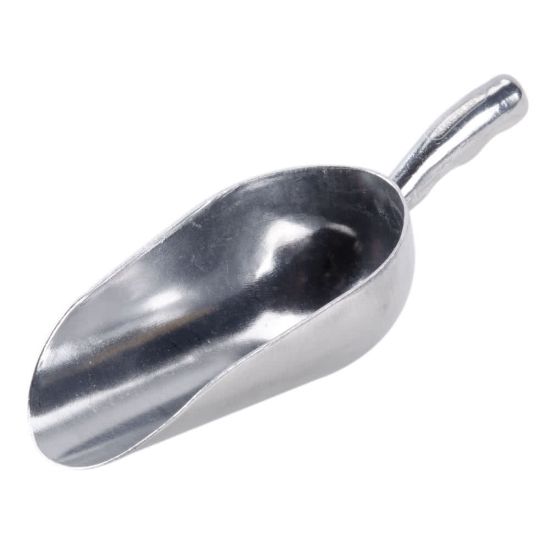 Metal ice scoop with ergonomic handle, ideal for serving ice at bar stations, beverage tables, and catered events