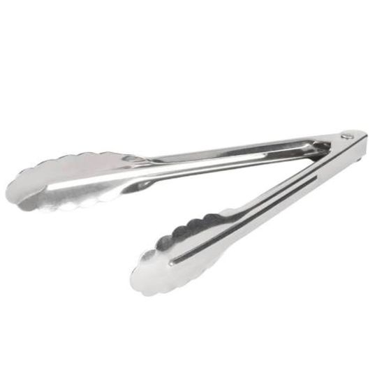 Stainless steel salad tongs with scalloped ends, designed for serving salad, pasta, and buffet items at catered events