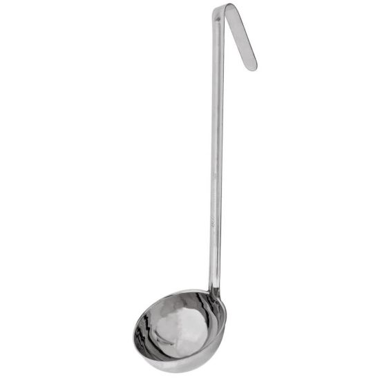 Long-handled stainless steel soup ladle with deep bowl, designed for serving soup, sauce, or gravy at catered events