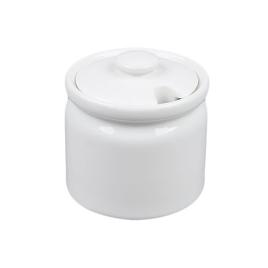 White ceramic sugar bowl with lid, designed for serving sugar at coffee stations, dessert tables, and banquet settings