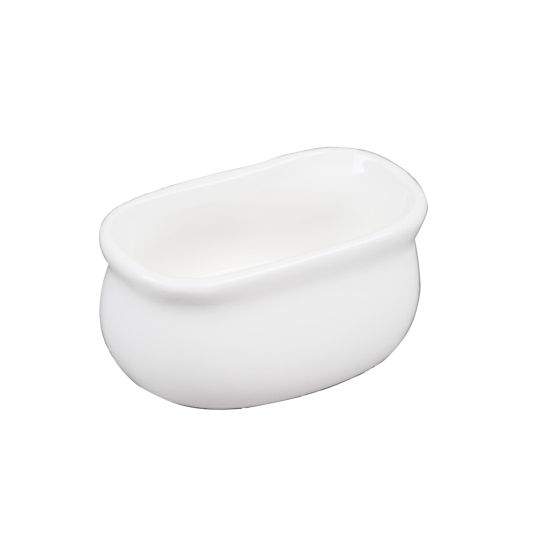 White ceramic sugar packet holder bowl, ideal for organizing sweetener packets at coffee stations and catered events