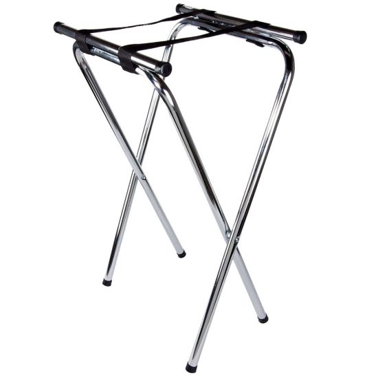 Foldable metal tray stand with crossed legs and black straps, designed to support serving trays for catering and banquet service