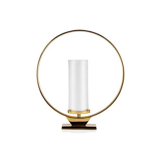 Modern ring candle holder with gold circular frame and clear glass cylinder, minimalist centerpiece décor for weddings and receptions.