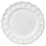 White bella charger plate rental with scalloped edge and ceramic finish for elegant event tabletop décor