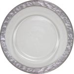 Clear cloud charger plate with subtle texture and wide silver rim, refined glass charger for formal weddings and upscale events