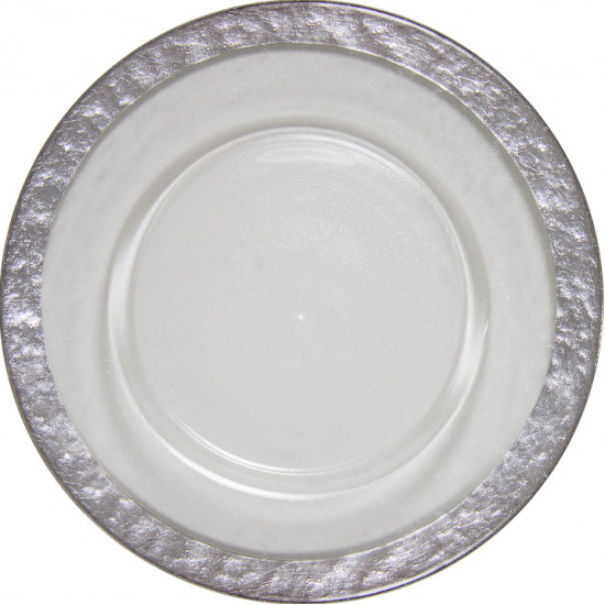 Clear cloud charger plate with subtle texture and wide silver rim, refined glass charger for formal weddings and upscale events