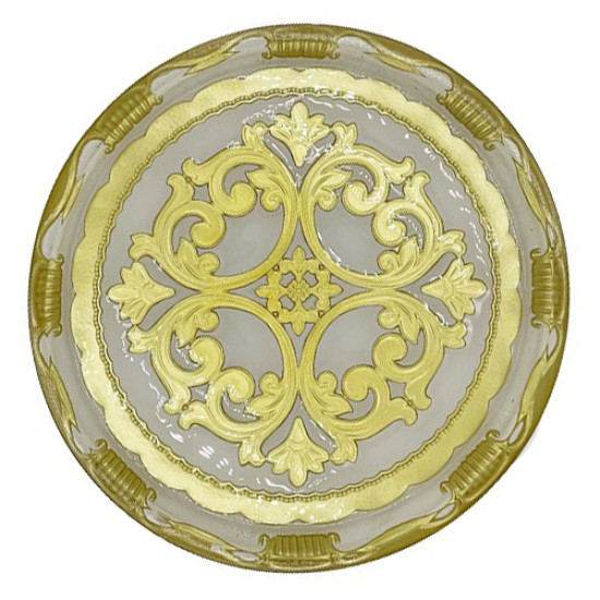 Off-white florentine charger plate with gold ornate center medallion and decorative border, classic choice for formal table styling
