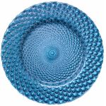 Blue luxe charger plate with raised honeycomb texture and glossy glass finish, bold decorative charger for wedding and event table décor