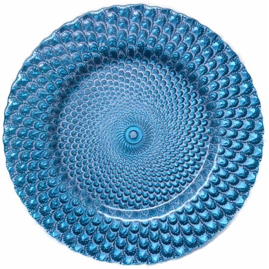 Blue luxe charger plate with raised honeycomb texture and glossy glass finish, bold decorative charger for wedding and event table décor