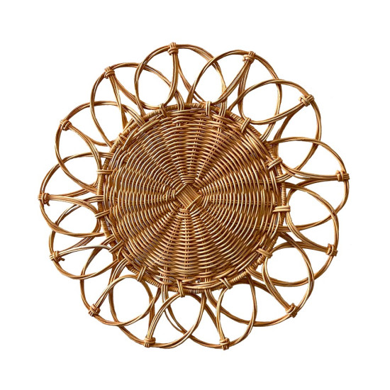Natural brown woven provencal charger plate with open looped border and rattan texture, rustic charger for weddings and outdoor events
