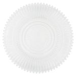 Clear rainbow charger plate with textured radial design and scalloped edge, classic glass charger for weddings and formal events