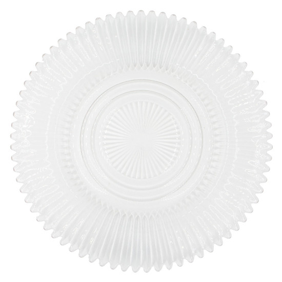 Clear rainbow charger plate with textured radial design and scalloped edge, classic glass charger for weddings and formal events