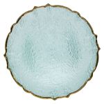 Light turquoise ribbon charger plate with textured surface and scalloped edge with gold rim, fresh accent for wedding table décor