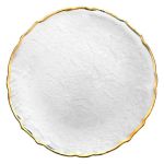White pearl ribbon charger plate with textured surface and scalloped edge with gold rim, elegant charger for weddings and formal events