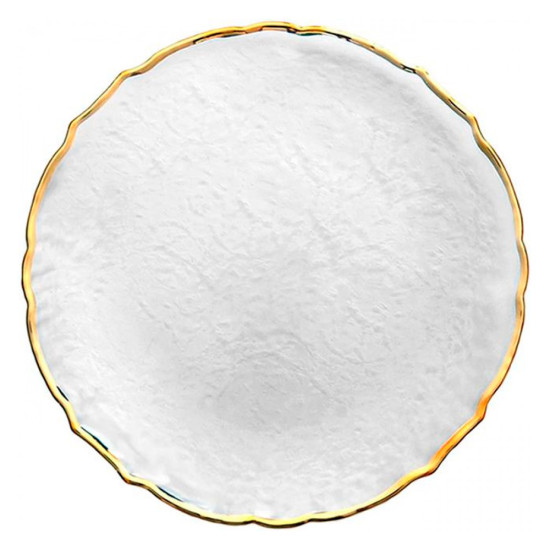 White pearl ribbon charger plate with textured surface and scalloped edge with gold rim, elegant charger for weddings and formal events