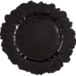 Black reef charger plate with organic textured glass surface and irregular scalloped edge, bold modern charger for upscale event tables