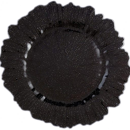 Black reef charger plate with organic textured glass surface and irregular scalloped edge, bold modern charger for upscale event tables