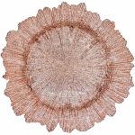 Copper reef charger plate with organic textured glass surface and scalloped irregular edge, warm metallic charger for elegant event tables