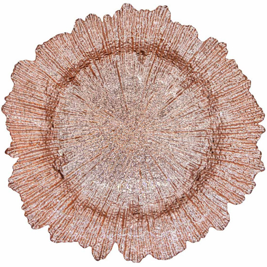 Copper reef charger plate with organic textured glass surface and scalloped irregular edge, warm metallic charger for elegant event tables
