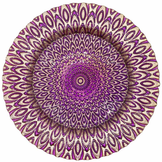 Solid purple ritz charger plate with ornate radial glass texture and scalloped edge, bold statement charger for weddings and gala tables