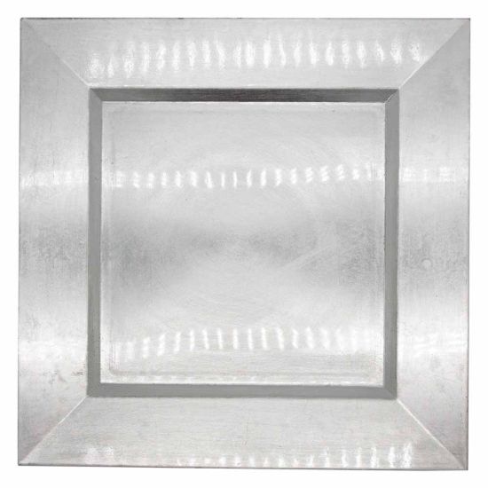 Silver solid square charger plate with glossy metallic finish and raised rim, modern charger base for weddings, banquets, and event tables