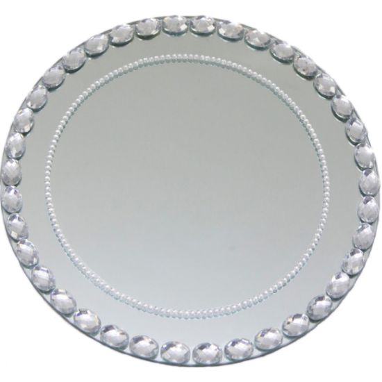 Mirror swan lake charger plate with smooth reflective center and raised round bead border, elegant charger for formal events and weddings
