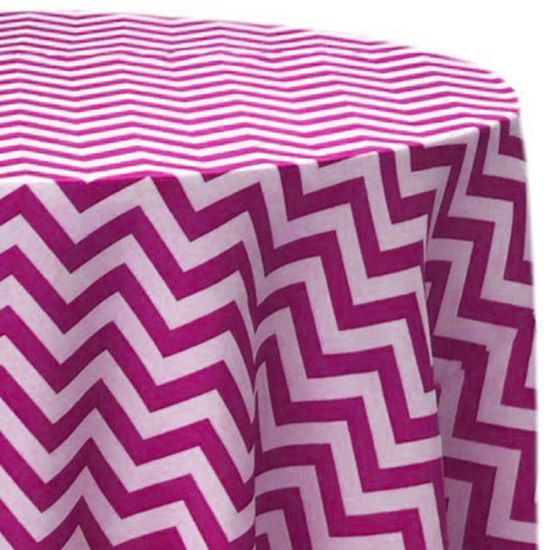 Chevron Fuchsia bold fuchsia pink and white chevron zigzag patterned round polyester tablecloth for modern wedding and event table décor rental