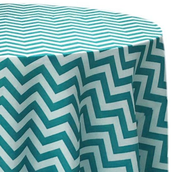 Chevron Turquoise bold turquoise and white chevron zigzag patterned round polyester tablecloth for modern wedding and event table décor rental