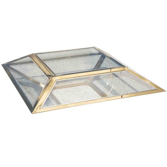 Gold stainless-steel Diamond-frame coffee table 40″ L × 40″ W × 40″ H with faceted geometry and clear top for luxury event lounge décor
