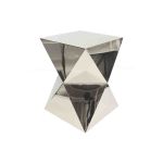 Geometric hourglass-style accent table with mirrored metallic surfaces and faceted modern design, perfect for contemporary event décor