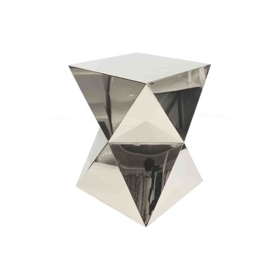 Geometric hourglass-style accent table with mirrored metallic surfaces and faceted modern design, perfect for contemporary event décor