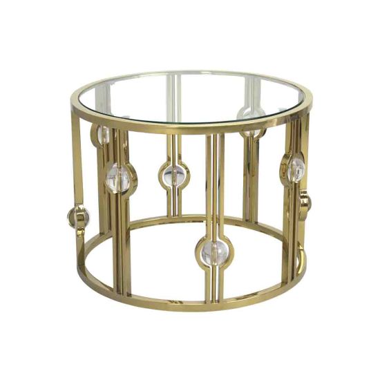 Gold round coffee table, modern with chrome metal frame, decorative glass balls, and clear glass top for an elegant and contemporary look.