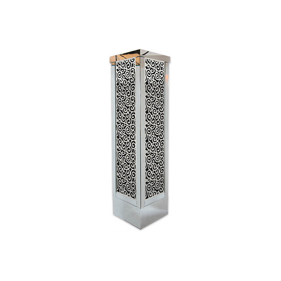 Tall silver mirrored column with wave-style laser-cut pattern and black inner panel, modern pedestal for events, décor, and displays.