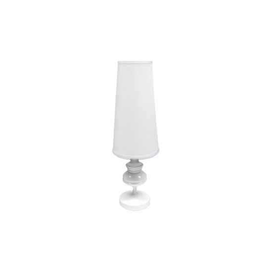 Small white Glam table lamp with tapered shade and stacked rounded base, clean accent lighting for weddings and event lounge décor.