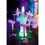 Small black Glam table lamp with tapered shade and stacked rounded base, modern accent lighting for event lounges and décor styling.