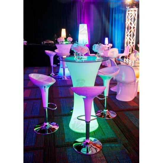 Small black Glam table lamp with tapered shade and stacked rounded base, modern accent lighting for event lounges and décor styling.