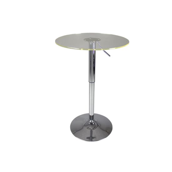 Adjustable metallic cocktail table with clear acrylic 24″ diameter top and 36″ high modern base for stylish event lounges