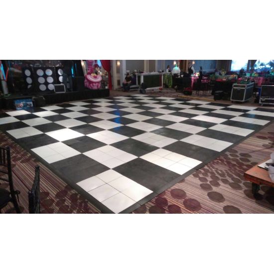 Black snap-lock dance floor shown as modular panel square, 15x15 layout using 3x3 sections for parties, events, and dance setups.