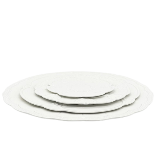Bella white salad plate with ornate raised scroll border and beaded rim detail, round classic design on a white background for weddings