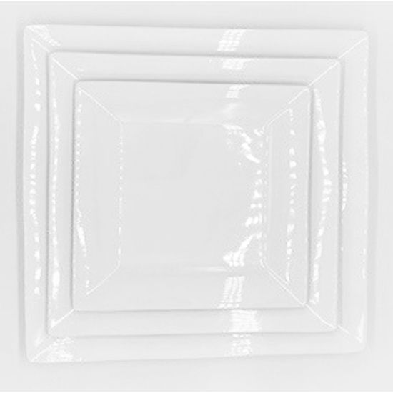 White square dinner plate with wide raised rim and angled corners, large square plate on a white background