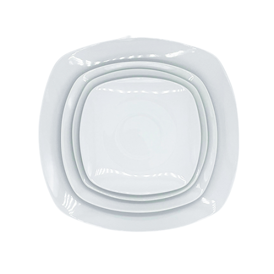 White squircle dessert plate with rounded corners and smooth surface, small plate on a white background